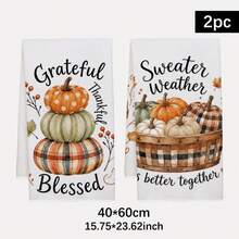 2PCS Kitchen Towels Plaid Stacked Pumpkin Thanksgiving Theme Print 40*60cm Autumn Minimalist Style Rectangular Microfiber Kitchen Towels, Dish Cloths, Tablecloths, Hand Towels, Thanksgiving Kitchen Decor, Home Decor, Neighbor Housewarming Gift, Perfect For Kitchen And Bathroom Use, Suitable For Housewives And Family Gathering Gifts, High Cost-Performance, Home Essential - Multicolor - View 2