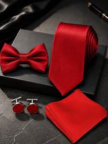 1 Set Solid Color Tie, Bow Tie, Pocket Square, Cufflinks Set, Satin Tie And Handkerchief Set, Business Tie, Pocket Square, Adjustable Bow Tie, Solid Color Cufflinks Combination - Red - View 1