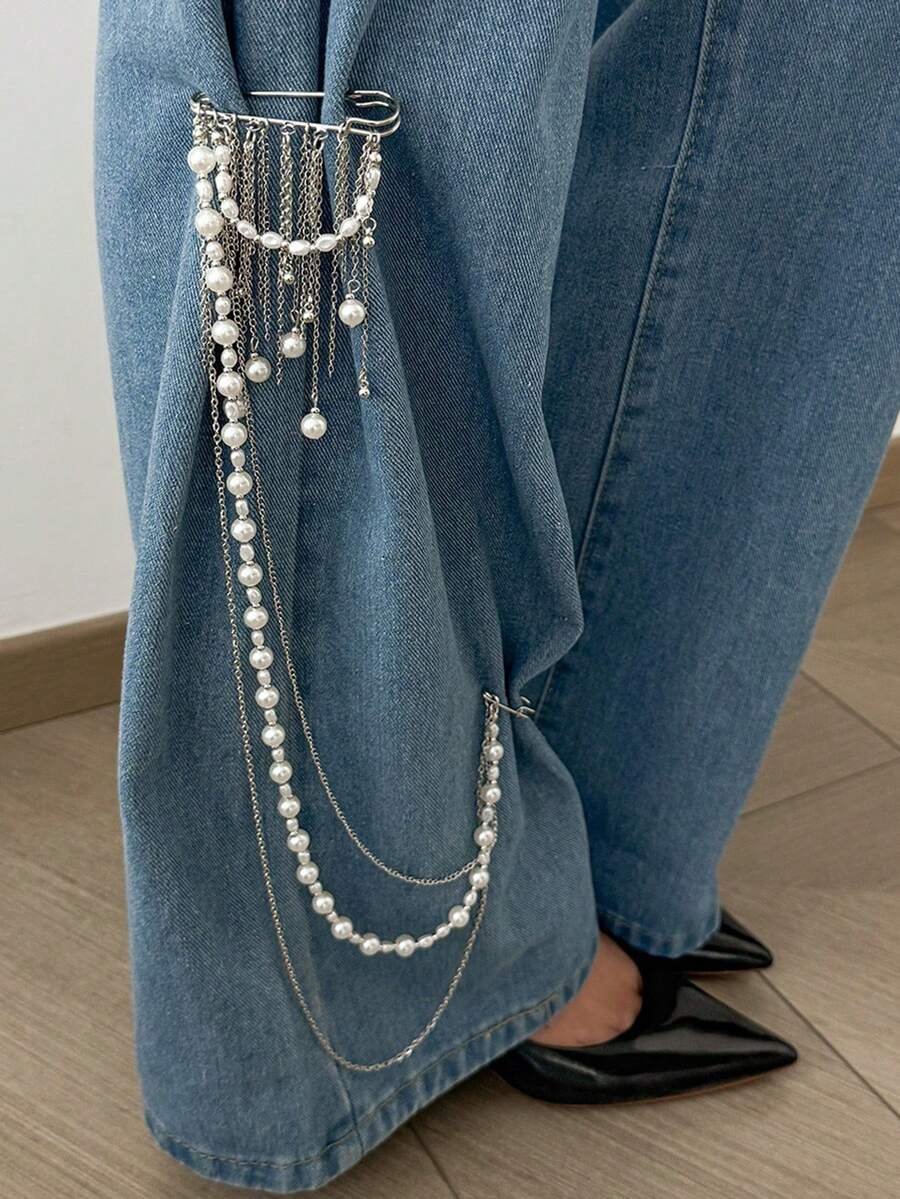 1pc Creative Minimalist Metal Tassel Brooch, Multi-Layer Beaded Chain, Suitable For Suit, Pants Decoration, Versatile Pin, Daily Music Festival Party Wear, Holiday Gift, Personalized Charming Jewelry - Silver - View 1