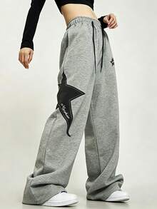 Women's Patchwork Pattern Wide Leg Pants, All Season Wear, Flowy Loose Fit Slimming, Casual Long Pants, Versatile And Comfortable Sports - Light Grey - View 11