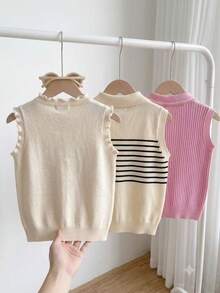 Girls Back To School Academy Style Solid Color Ruffle Round Neck Knit Vest Thin Sleeveless Sweater Vest 3pcs Random 1pc Wearable Camisole Style Suitable For Daily Casual Spring Summer Autumn - Apricot - View 4