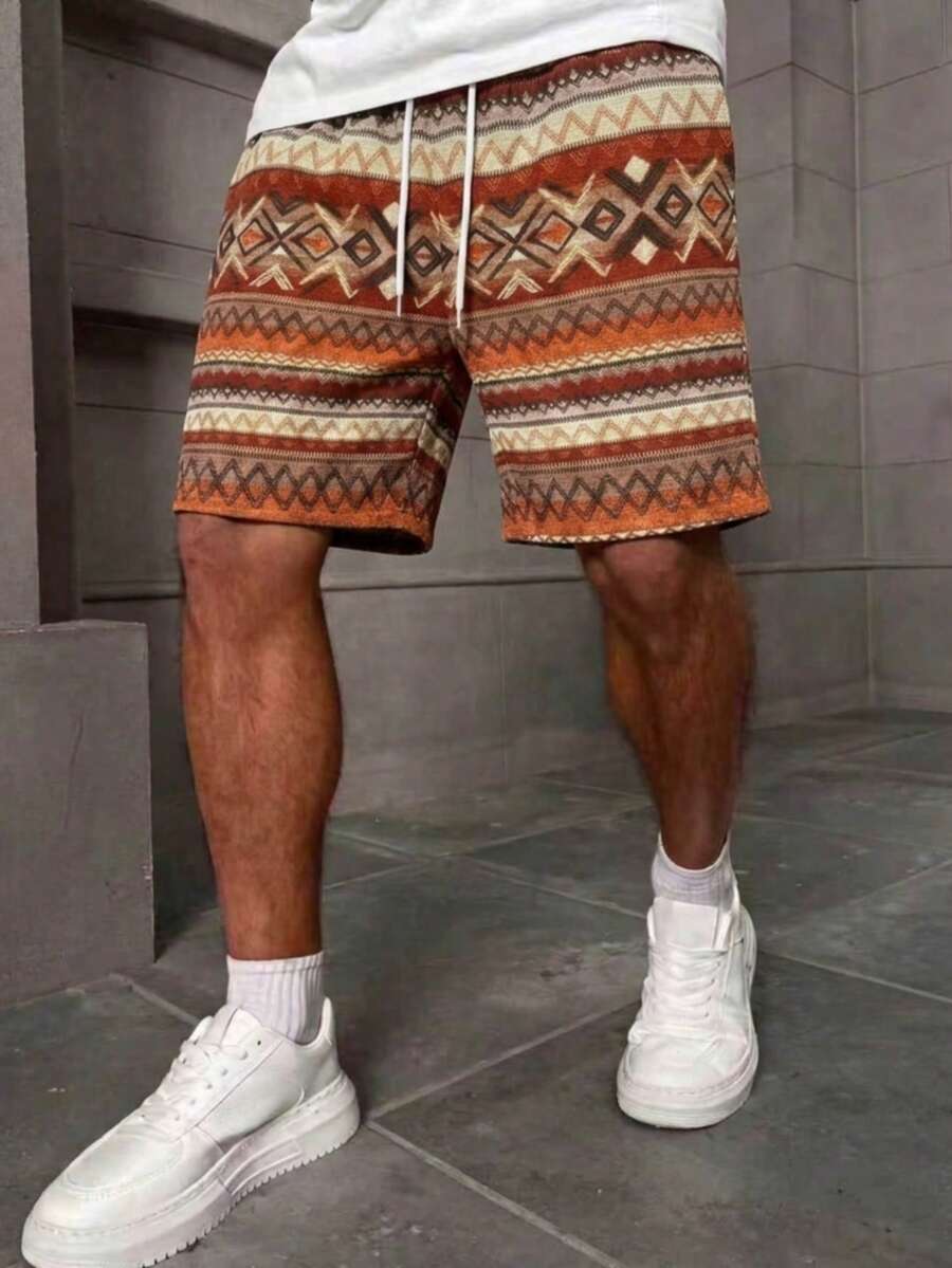 Men's Casual Sports Autumn Geometric Print Drawstring Waist Bermuda Shorts - Multicolor - View 1