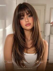 22-Inch Ombre Butterfly Highlights Brown Synthetic Wig With Bangs, 100% Imported Fiber Hair, Suitable For Cosplay, Festivals, Y2K, Halloween And Other Occasions - Brown Highlight - View 2