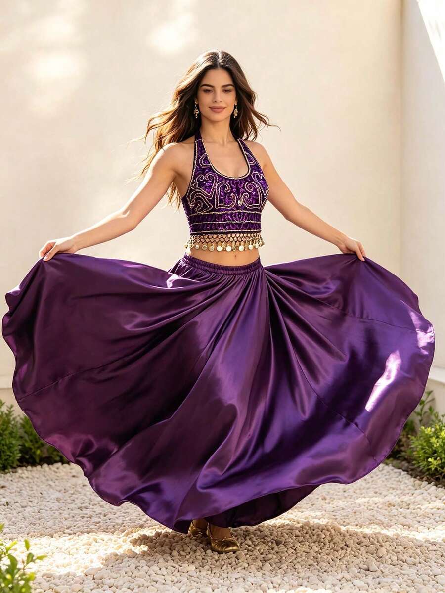Belly Dance Embroidered Coin Trim Crop Top Glossy Satin Flowy Maxi Skirt (Multiple Colors Available) - Multicolor - View 1