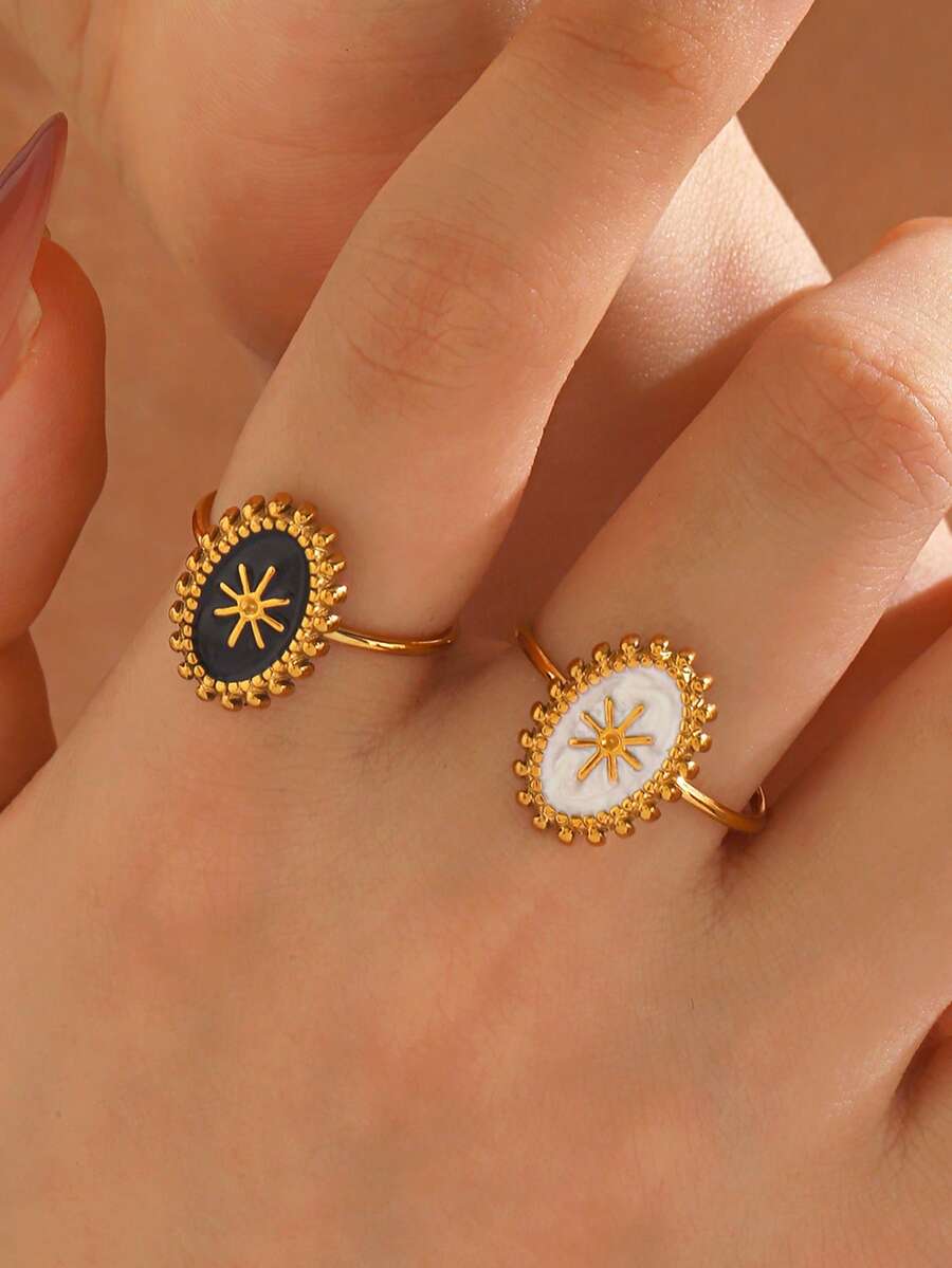 2 Stücke/1 Stück Edelstahl minimalistischer modischer beliebter schwarz-weißer Tropfen-Öl-Sonnenring geeignet für den täglichen Gebrauch und Partys von Frauen - Verschiedenfarbig - Übersicht 1