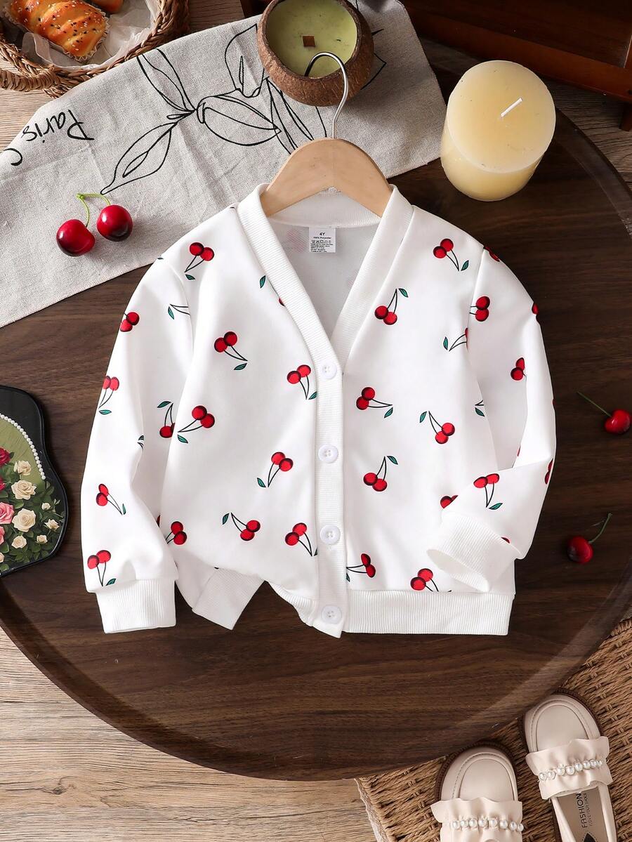 Girls' Autumn White Fruit Pattern Cherry Long Sleeve Cardigan, Cute Simple Ribbed Cuffs, Soft Comfortable Button-Up Top, Spring Style - White - View 1