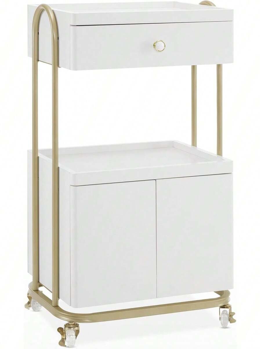 Salon Trolley With Universal Wheels, Storage Rolling Cart With Drawer, Barber Shop Tool Organizer For Hair Stylist, Spa Metal Trolley For Storing Skin Cosmetics - White - View 1