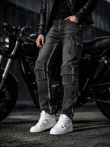 Ins Motorcycle Blogger Style Distressed Grey Ripped Raw Edge Cargo Denim Jeans With Multiple 3D Pockets Deconstructed Design Slim Fit Flattering Riding Denim Pants For Men - Grey - View 4