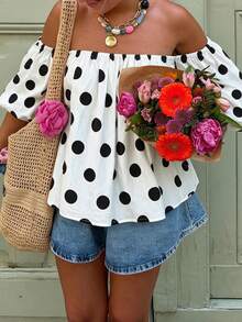 Atasan Wanita Motif Polkadot Kontras Berlipit Tanpa Bahu, Cocok untuk Pantai dan Pakaian Sehari-hari, Warna Putih Musim Semi/Panas - MultiWarna - View 2