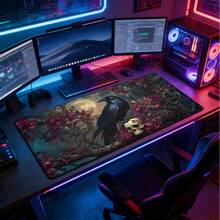 1pc Extra Large Extended Mouse Pad With Moon Night Crow Floral Skull Pattern, Soft Cloth Material With Non-Slip Rubber Base And Stitched Edges. Dark Gothic Vintage Floral Bird Realistic Aesthetic Keyboard Pad, Suitable For Gaming, Home Office And Study Scenes. - View 12