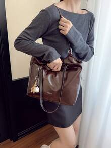 女款復古亮面托特包，極簡大容量單肩腋下包，通勤百搭休閒手提包（不含吊飾） - 咖啡 - 查看 8