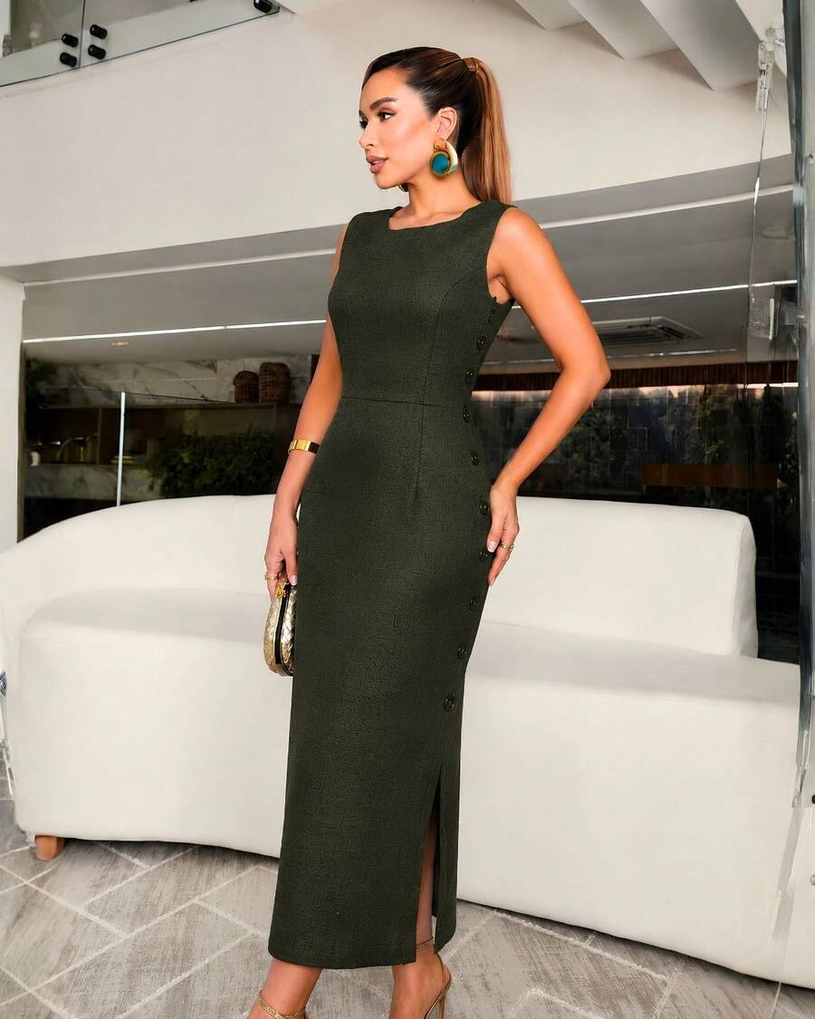 Women's Midi Dress Elegant Casual Buttons Front Simple Button - Dark Green - View 1