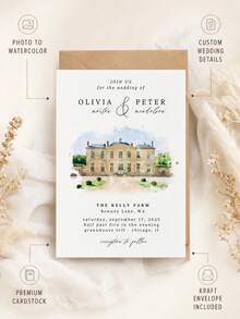 1pc Customized Watercolor Wedding Invitations, Personalized Architectural Sketch Wedding Cards, Customized Wedding Venue Cards, Wedding Venue Illustration Stationery. Engagement Ceremony Invitations, Wedding Thank-You Dinner Invitation Cards. - Multicolor - View 9