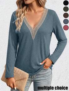 Women's Bohemian Style V-Neck Long Sleeve T-Shirt, Elegant Knit Fabric, Autumn Essential - Dark Blue - View 3