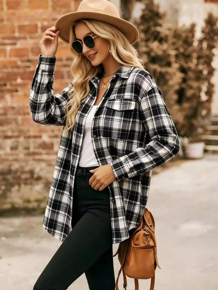 Women's Plaid Long Sleeve Button-Down Shirt Collar Top With Pockets, Dropped Shoulder Regular Length High-Low Hem Polyester Blouse, Suitable For Autumn/Winter Wear - Black - View 4