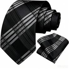 Men's Tie Set, Classic Fashion Necktie & Pocket Square Set, Suitable For Weddings, Business And Banquets - Black Silver - View 2
