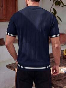 ALTZTAR Men's Solid Color Contrast Vertical Striped Crew Neck Knitted Short Sleeve Casual Versatile Top - Multicolor - View 3