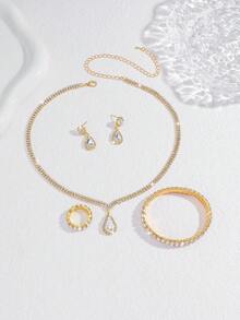 Juego de Joyas de Lujo Ligero con Strass de 5 Piezas: Collar, Pendientes, Pulsera y Anillo con Diseño de Lágrima, Adecuado para el Uso Diario de la Mujer, Bodas, Fiestas, Accesorios Elegantes, Modernos y Versátiles de Alta Gama - Multicolor - Ver 4