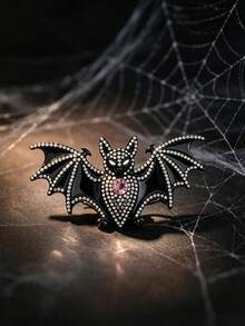 1pc Gothic Bat Brooch, Black Enamel & Rhinestone Design, Suitable For Halloween, Party, Daily Bag Accessory Pin - Black - View 2