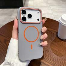 Dual-Color Contrast Orange Line MagSafe Phone Case, Matte Silicone Frame Shockproof Protective Cover, Large Opening Camera Window Drip Oil, Compatible With IPhone 17 16 15 14 13 Pro Max 12 Pro Max Wireless Charging Case, Holiday Gift - Light Grey - View 1