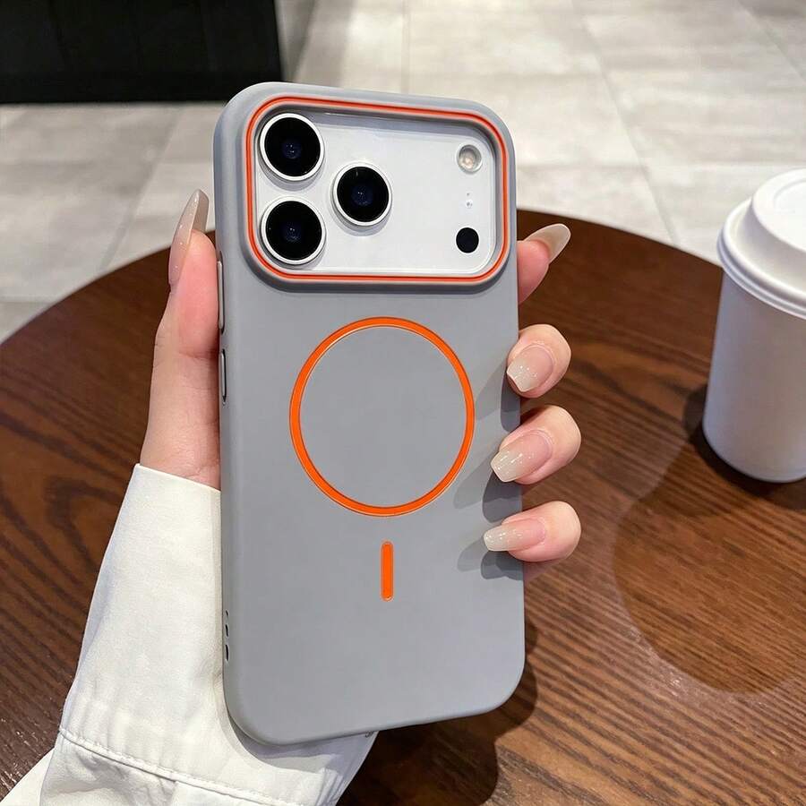Dual-Color Contrast Orange Line MagSafe Phone Case, Matte Silicone Frame Shockproof Protective Cover, Large Opening Camera Window Drip Oil, Compatible With IPhone 17 16 15 14 13 Pro Max 12 Pro Max Wireless Charging Case, Holiday Gift - Light Grey - View 1