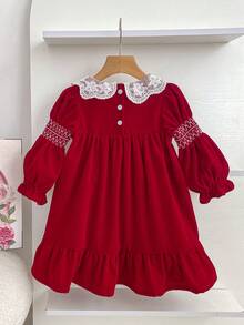 Girls Princess Dress Lace Collar Red Christmas Long Sleeve Dress Spring Autumn Girls Children Holiday Party Dress - Red - View 3