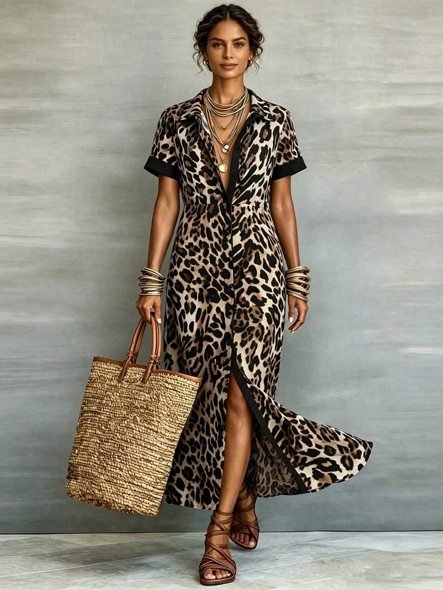 Leopard Print Color Block Short Sleeve Dress With Turndown Collar, For Women, Spring/Summer - Black - View 1