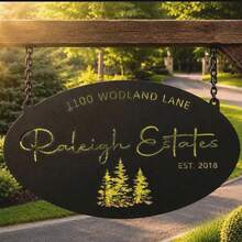 Personalized Sign Evergreen Tree Custom Door Plaque Oval Metal Address Sign Outdoor Home Name Sign Entrance Rustic Style Wall Decor Gift - Black - View 8