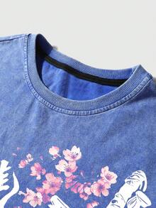 Lonblece Vintage Washed Round Neck Short Sleeve Tokyo Sakura SAKURA Samurai Sword Graphic American Street Casual Top - Blue - View 4