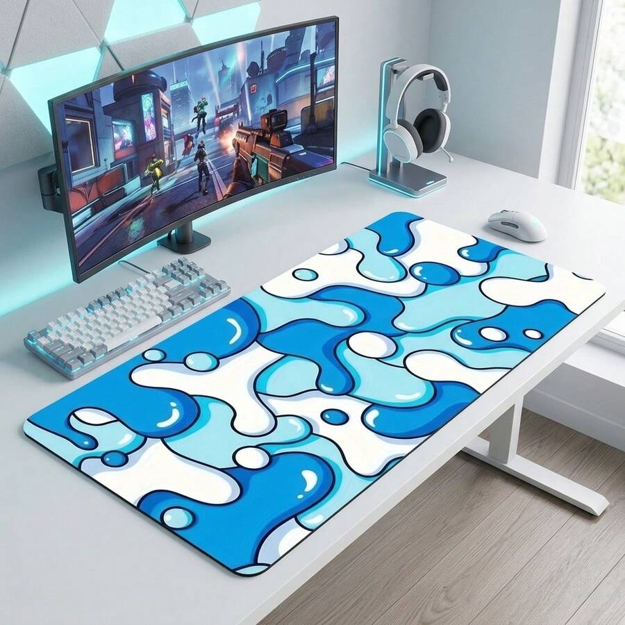 Blue Wave Pattern Extra Long Gaming Mouse Pad And Desk Mat Set, Non-Slip Durable Rubber Base, Smooth Sensitive Surface, Suitable For Computer Laptop Office Home, Abstract Art Desktop Decoration, Back To School Office Supplies - A - View 1