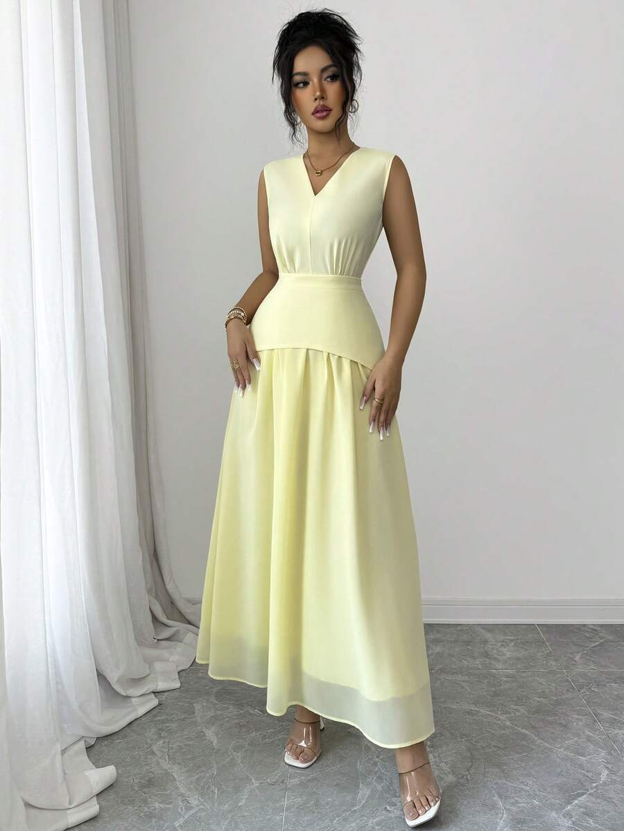 Women's Summer Cream Yellow French V-Neck Sleeveless Maxi Dress - Yellow - View 1