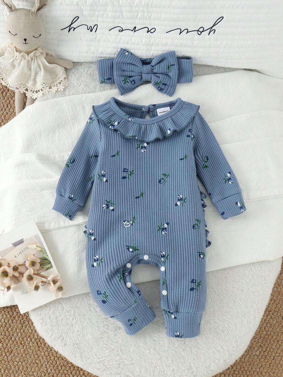 1pc Newborn Baby (Girl) Cute Comfortable Waffle Print Peter Pan Collar Long Sleeve Romper With Headband, Thin Spring/Autumn - Blue - View 1
