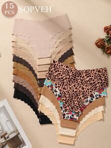 SQPVEH 15pcs/Pack Solid Color & Leopard Print Wavy Edge Design Fashion Women's Panties Sexy Seamless Smooth Comfortable Breathable - Multicolor - View 5
