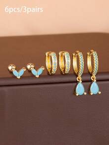 6PCS Light Luxury Water Drop Zirconia Pendant Earrings Sets For Women 18K Gold Plated Blue Stainless Steel Stud Earring Aesthetic Piercing Jewelry Gifts - Golden Pine Blue-6pcs - View 5