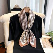 Women's Polka Dot Print Twill Silk-Like Square Scarf, Breathable Multi-Use Hair Tie Neck Scarf Bag Accessory, 1 Piece, 90cm - Camel 252-01 - View 3
