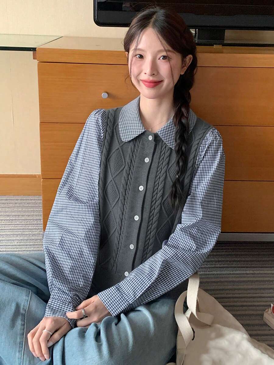 Women's Single-Breasted Casual Plaid Cable Knit Cardigan - Grey - View 1