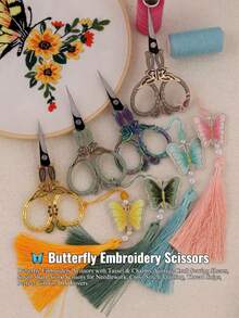 Butterfly Embroidered Scissors With Tassel Pendant, Stainless Steel Vintage Handmade Sewing Scissors, Compact Sharp Embroidery Scissors, For Needlework, Cross Stitch, Patchwork, Thread Trimming, Perfect Gift For DIY Enthusiasts - Pointed Scissors - View 1