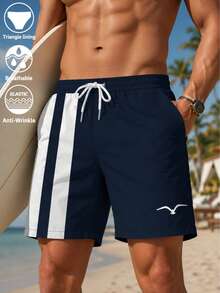 Men's Colorblock Seagull Print Drawstring Elastic Waist Slanted Pocket Mesh Lining Casual Fashion Beach Shorts - Multicolor - View 1