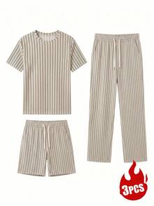 3pcs/Set Men's Crew Neck Short Sleeve T-Shirt And Drawstring Shorts/Pants Casual Loungewear - Light Grey - View 4