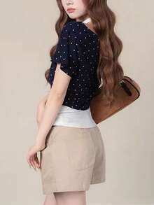 Kaos Wanita Lengan Pendek Musim Panas Terbaru dengan Leher Halter Patchwork dan Atasan Polkadot, Potongan Acak - Navy Blue - View 3