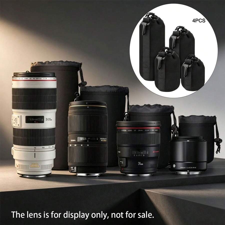 1/4PCS Multi-Functional Protective Neoprene Lens Pouch, Suitable For DSLR Camera Lens Storage, With Thick Padding, Provides Protection Small, Medium And Large - View 1