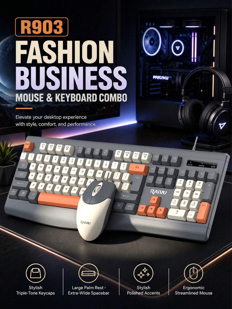 1 buah Kombo Keyboard & Mouse Berkabel R903, Tutup Tombol Blok Warna Tiga Warna, Sandaran Telapak Tangan Ergonomis Besar, Set Keyboard dan Mouse USB Plug and Play, Perangkat Periferal Komputer Universal untuk Kantor, Bisnis, Desktop, dan Laptop - View 1