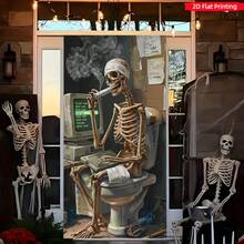 2D Flat Banner 1pc Funny Skull Halloween Decoration Hanging Cloth, Smoking Skull Operating Computer Creative Print Background Fabric, Suitable For Halloween Party Horror Atmosphere Decoration, Bar Personalized Wall Tapestry, Indoor Funny Photo Backdrop, Polyester Material - A - View 2