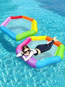 1pc Hexagon Colorful Inflatable Floating Bed Summer Pool Entertainment Double Large Size Thickened Water Float - Multicolor - View 4
