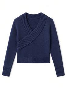 Y2K American Vintage Women's V-Neck Knit Pullover - Navy Blue - View 5