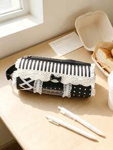 Cute Lace Pencil Case With Ruffled Bow Decoration Stationery Bag, Large Capacity Handheld Pencil Case, Multifunctional Portable Brush Storage Bag - Multicolor - View 13