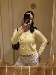 Women's Vintage Yellow Knitted Cardigan, Decorated With Floral Applique, Long Sleeve Round Neck Button Front Sweater Top - Yellow - View 10