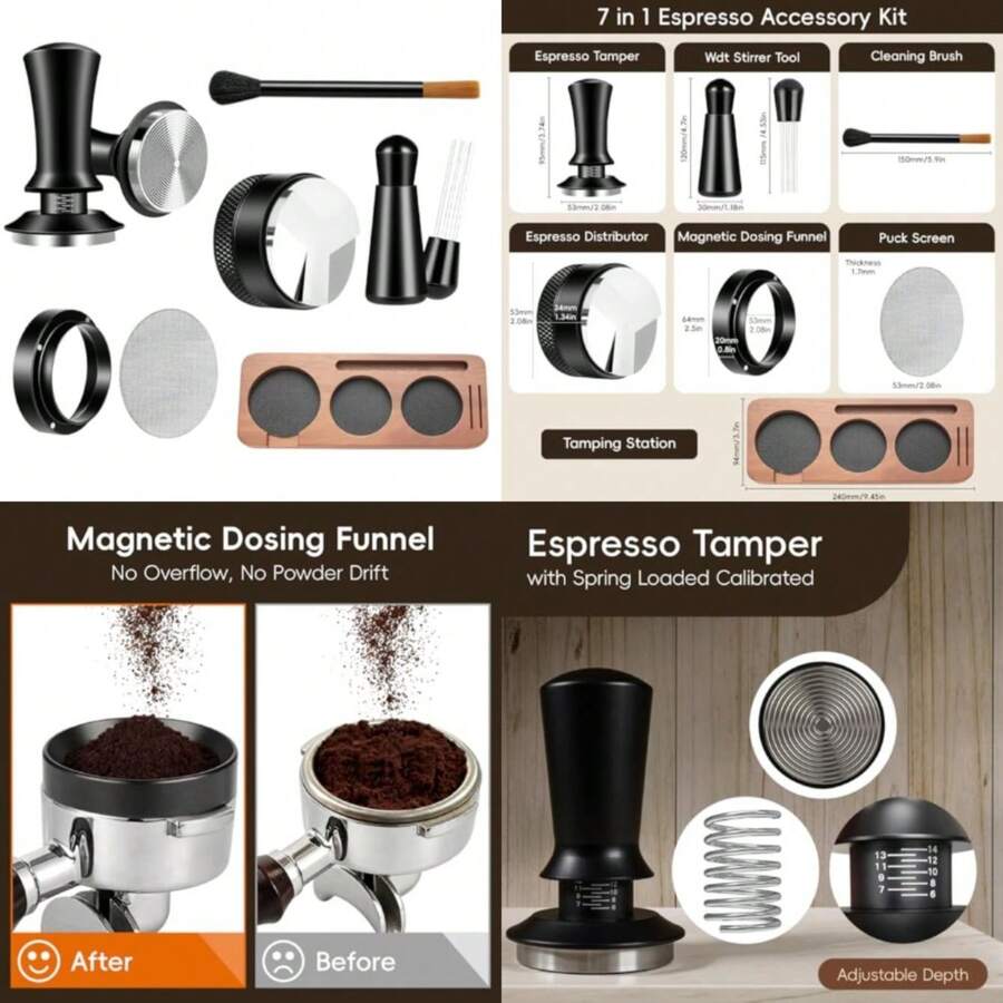 7 Pcs Espresso Tamper Tools Accessories Kit For Coffee WDT Tool Accessories Set Coffee Tamper Set With Wood Espresso Tamping Station Distributor Dosing Funnel Stirrer Brush Puck Screen - 54mm - View 1
