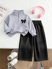 2pcs/Set Girls Black Bow Print Half-Zip Hooded Sweatshirt And Pants Set, Autumn/Winter Fashion Comfortable Outfit - Multicolor - View 3