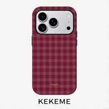 Étui de téléphone : Étui 2-en-1 à film à carreaux bordeaux pour Apple 17/16/15/14/13/12/11 Pro Max, 16/15/14 Plus, 17 Air - Anti-chute intégral, élégant et minimaliste, étui de téléphone unisexe - Blanc 1 - Voir 2